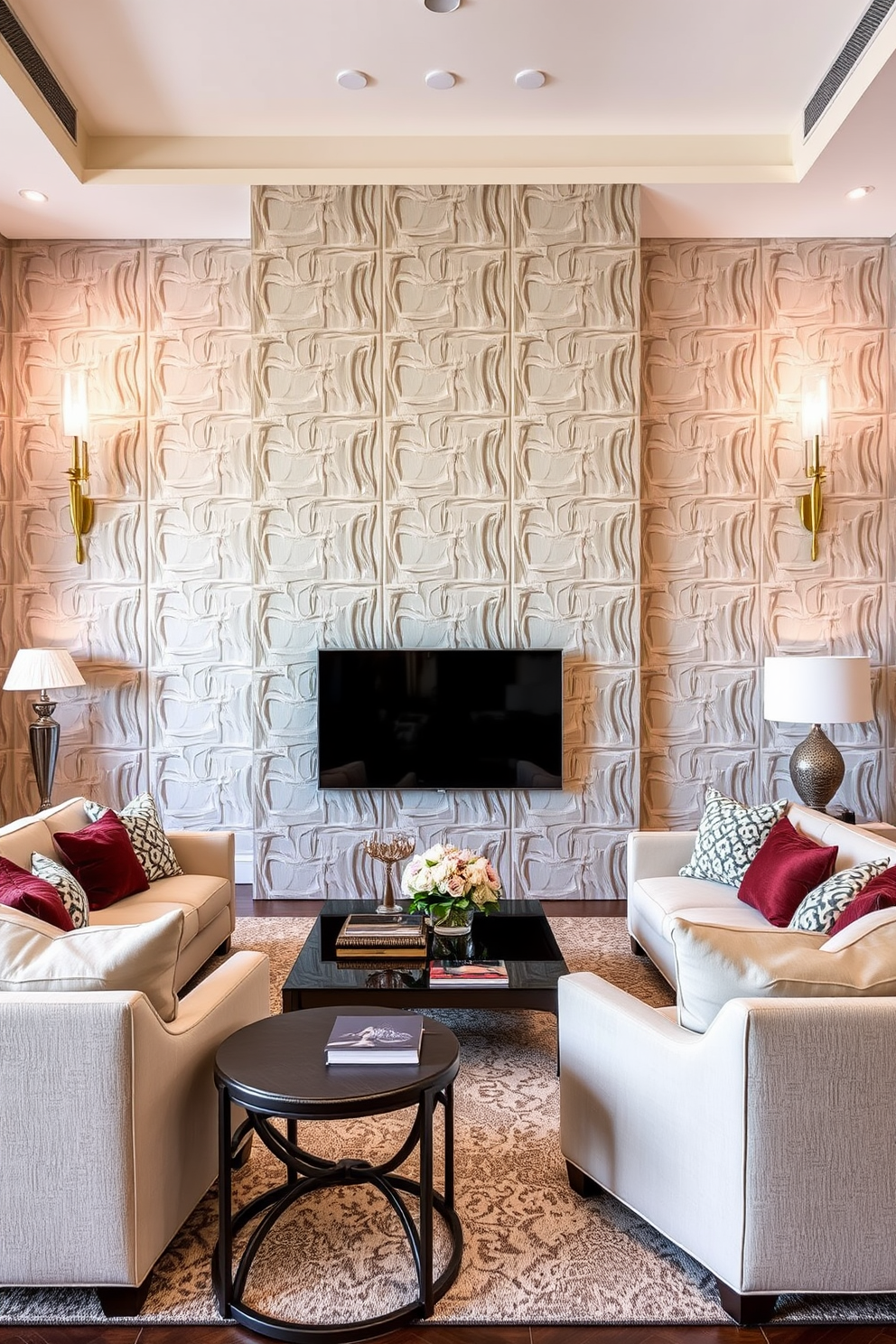 Textured wall panels create a stunning backdrop in a luxury family room. The room features plush seating arrangements with a mix of neutral and bold accent colors, complemented by elegant lighting fixtures.