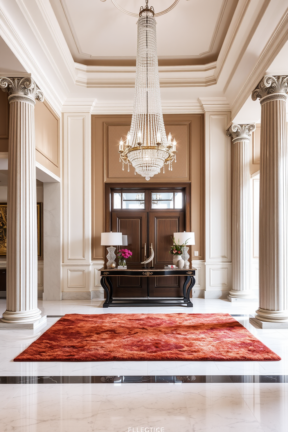 An elegant foyer features a stunning chandelier that serves as the centerpiece of the space. The walls are adorned with sophisticated paneling, and the floor is covered with polished marble tiles that reflect the light beautifully. Flanking the entrance are tall, decorative columns that add grandeur to the design. A plush area rug in rich hues lies beneath a stylish console table, which is topped with curated decorative items and fresh flowers.