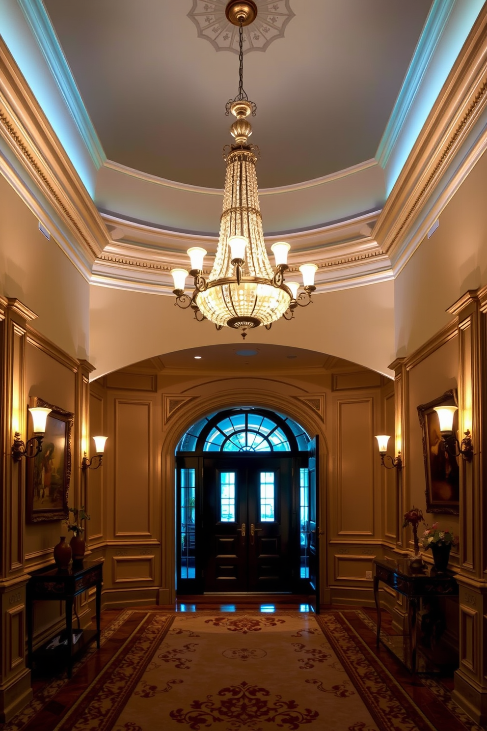 A luxury foyer featuring dramatic wallpaper with bold prints that create a striking first impression. The space is adorned with a grand chandelier hanging from a high ceiling, casting a warm glow over the elegant furnishings. A plush area rug anchors the room, complementing the intricate patterns of the wallpaper. Flanking the entrance, tall potted plants add a touch of greenery and sophistication to the overall design.