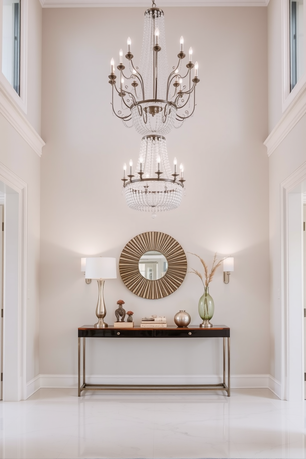 A luxury foyer featuring a neutral color palette creates a serene and inviting atmosphere. The space includes a grand chandelier overhead and an elegant console table adorned with decorative items.