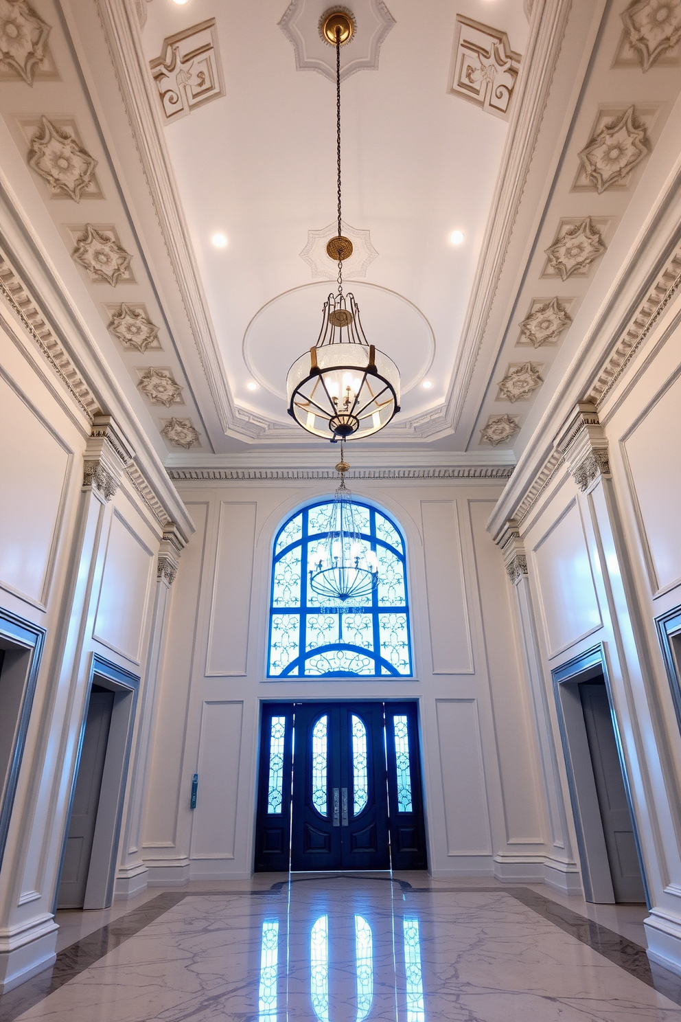 A luxury foyer features a grand entrance with a high ceiling and an elegant chandelier that hangs above. The walls are adorned with a rich wallpaper that complements the polished marble flooring, creating a welcoming atmosphere. Layered textures are showcased through a combination of plush velvet and soft linen upholstery on the seating. A statement console table with intricate detailing sits against one wall, adorned with decorative accents that enhance the overall opulence.