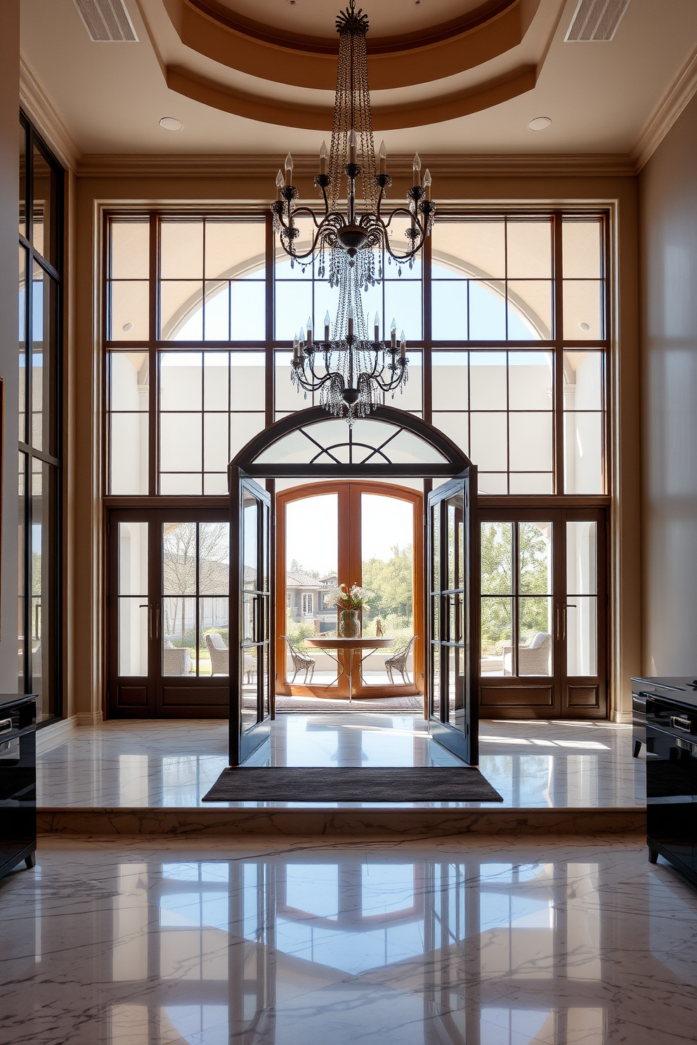 A stunning foyer with large glass doors that invite natural light to flood the space. The floor is adorned with polished marble tiles, and a grand chandelier hangs elegantly from the ceiling. On one side, a sleek console table is decorated with fresh flowers and stylish decor pieces. The walls are painted in a soft neutral tone, creating a warm and welcoming atmosphere.