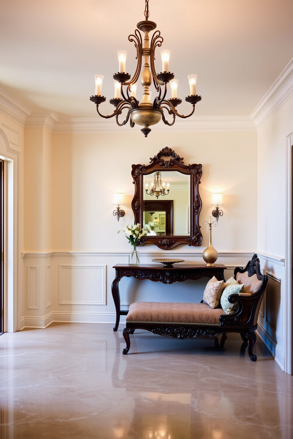 A vintage wooden bench with intricate carvings is placed against the wall, adorned with plush cushions in rich fabrics. The foyer features a grand chandelier overhead, casting a warm glow on the polished marble floor. The walls are painted in a soft cream color, complemented by elegant wainscoting that adds depth and character. A large decorative mirror hangs above a console table, reflecting the light and enhancing the space's luxurious feel.