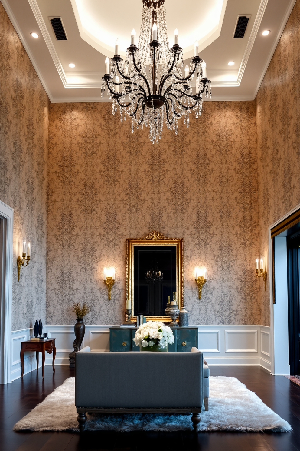 A luxury foyer featuring a grand chandelier that hangs from a high ceiling. The walls are adorned with elegant wallpaper and a statement console table is placed against one side, topped with decorative items and a large mirror. Incorporating layered lighting, the foyer includes recessed lights in the ceiling and wall sconces that provide a warm glow. A plush area rug lies beneath a seating arrangement that invites guests to linger and enjoy the sophisticated atmosphere.