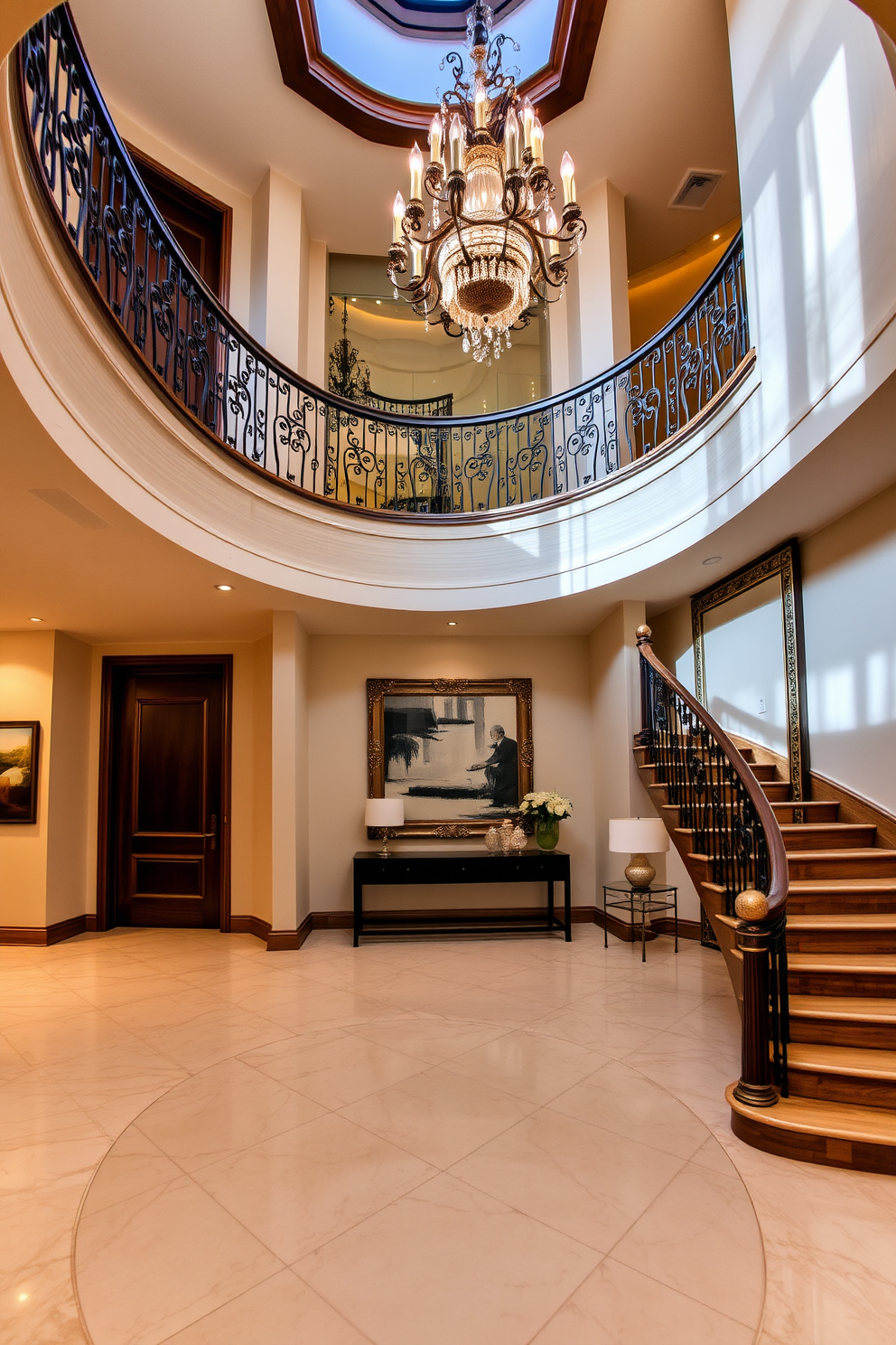 A statement staircase with an elegant railing curves gracefully upwards, showcasing intricate woodwork and ornate detailing. The walls are adorned with soft neutral tones, and a stunning chandelier hangs above, casting a warm glow throughout the space. In the luxury foyer, a grand entrance welcomes guests with high ceilings and marble flooring. A sleek console table is positioned against the wall, complemented by an oversized mirror and tasteful artwork that adds a touch of sophistication.