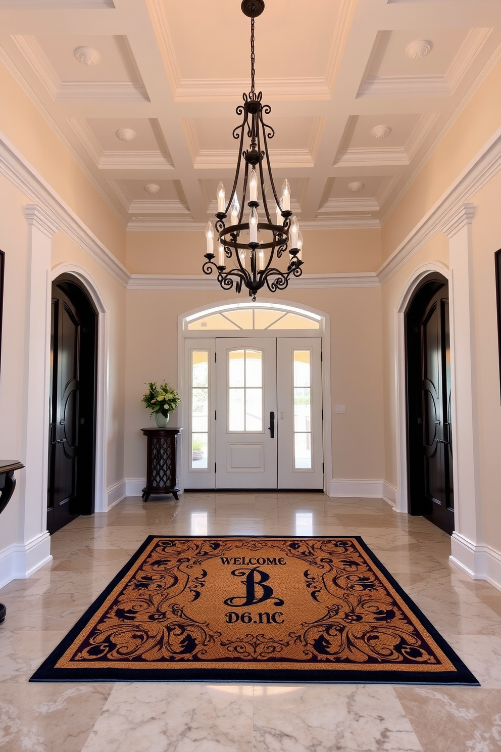 A luxurious foyer with a personalized welcome mat that features an elegant monogram in the center. The space is adorned with a grand chandelier hanging from a coffered ceiling, and the walls are painted in a soft cream color.