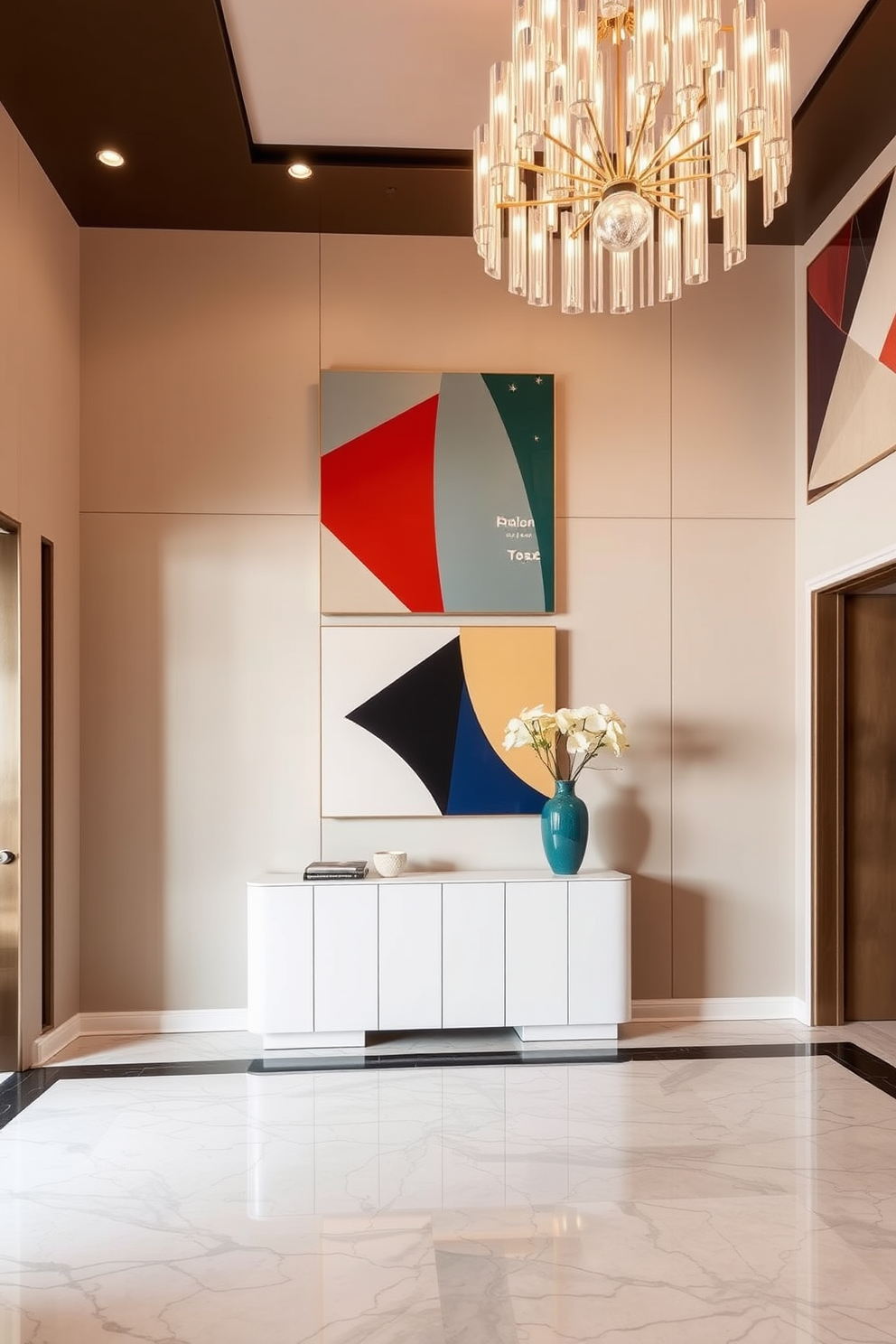 A luxury foyer featuring geometric patterns in the wall decor creates a striking first impression. The walls are adorned with a series of large-scale geometric art pieces in bold colors, complemented by a sleek console table in a high-gloss finish. A stunning chandelier hangs from the ceiling, casting a warm glow over the space. The flooring is a polished marble with subtle geometric inlays that tie the design together beautifully.