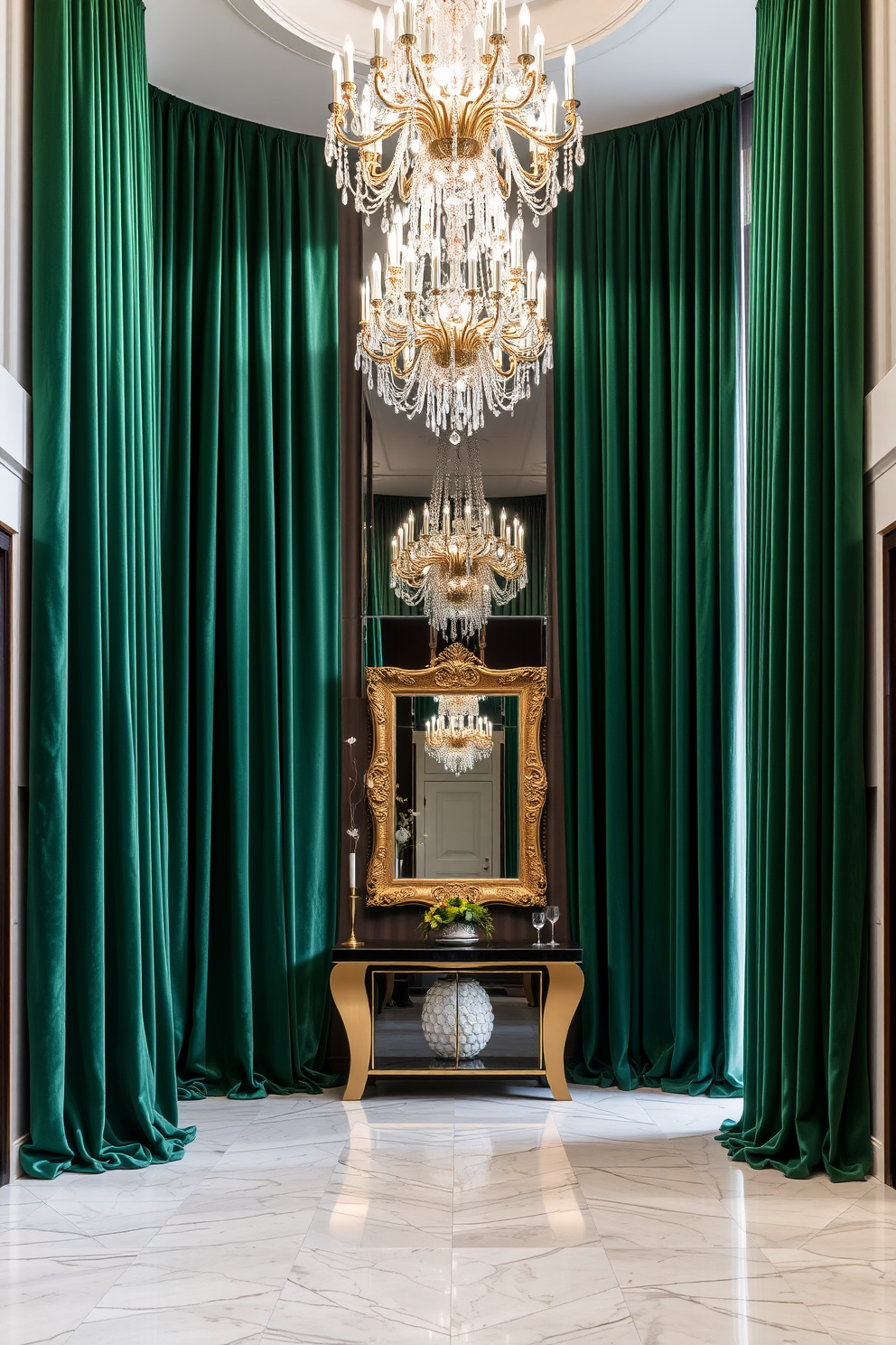 A luxurious foyer features grand floor-to-ceiling curtains that frame a stunning entrance. The curtains are made of rich velvet in a deep emerald hue, cascading elegantly to the polished marble floor. The space is adorned with an oversized chandelier that sparkles above a sleek console table. A statement mirror with an ornate gold frame reflects the beauty of the foyer, enhancing the sense of grandeur.