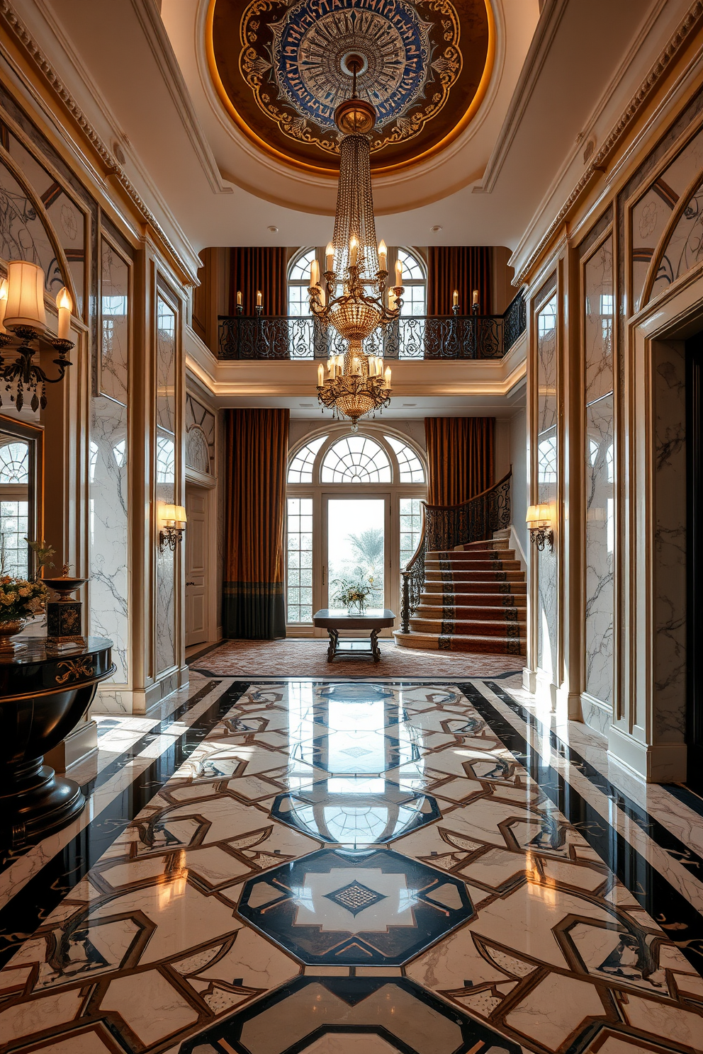 A luxurious foyer featuring marble flooring with intricate patterns that draw the eye. The space is adorned with elegant lighting fixtures and a grand staircase that complements the opulence of the design.