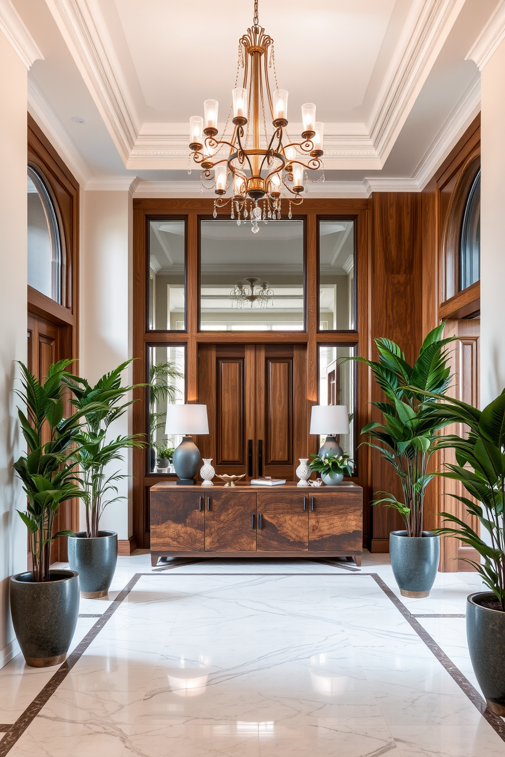 A luxurious foyer featuring natural wood accents that bring warmth and texture to the space. The entrance is enhanced by a grand chandelier that hangs from a coffered ceiling, illuminating the elegant marble flooring. A statement console table made of reclaimed wood is adorned with decorative objects and fresh greenery. Flanking the entrance are tall potted plants that create a welcoming ambiance while adding a touch of nature.