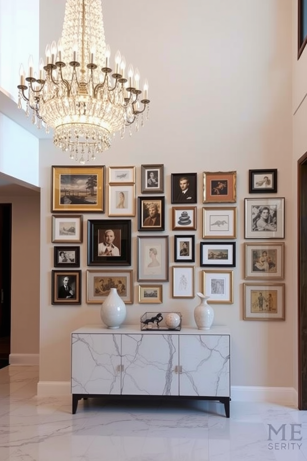 A luxurious foyer featuring a grand entrance with high ceilings and elegant chandeliers. The space is adorned with modern art sculptures as striking centerpieces, creating a captivating focal point. Rich hardwood flooring contrasts with a soft area rug that adds warmth to the space. Walls are painted in a neutral tone, allowing the vibrant colors of the sculptures to stand out beautifully.