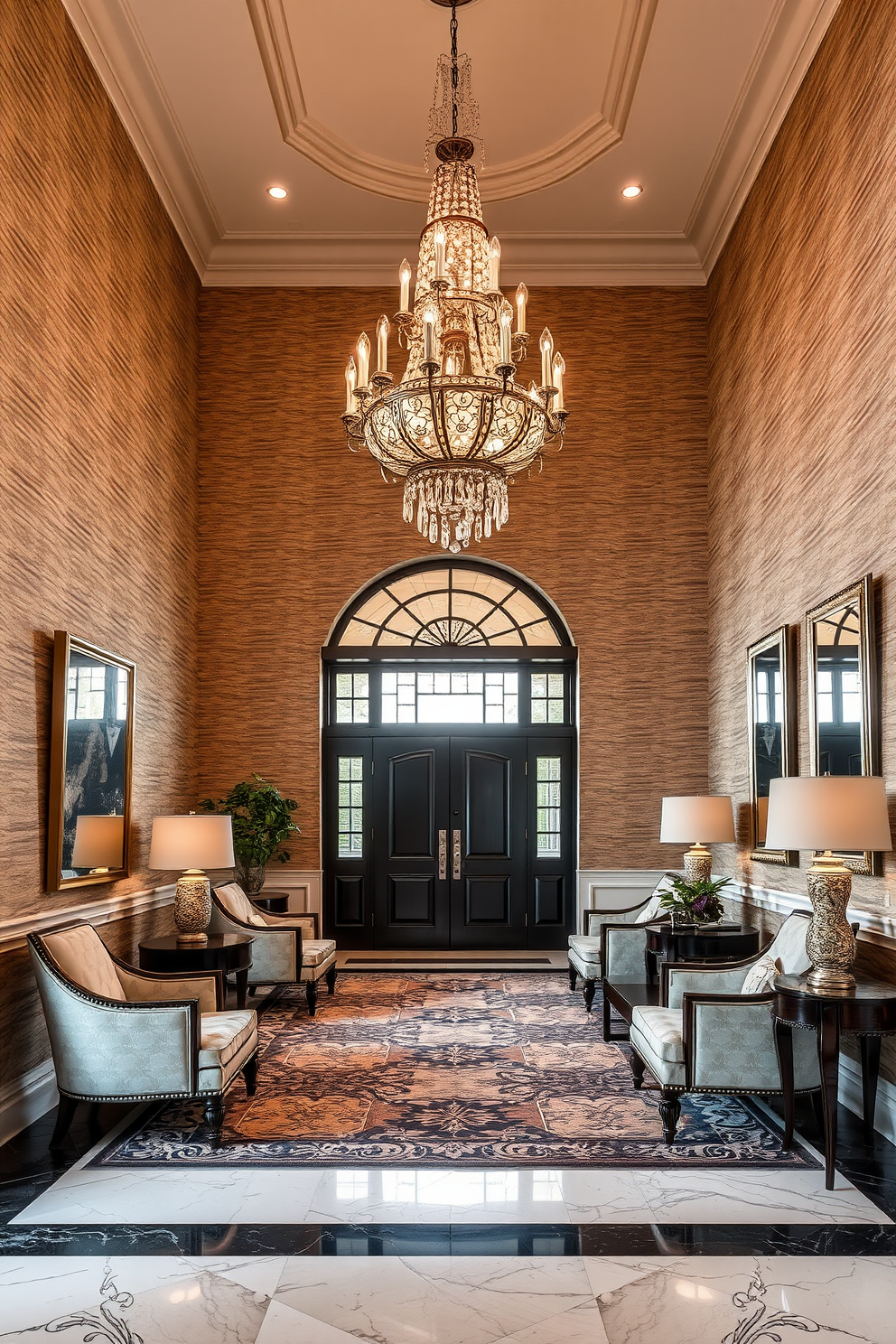 A luxury foyer featuring textured wall panels that add depth and dimension to the space. The entrance is adorned with a grand chandelier that illuminates the rich marble flooring and elegant furnishings.