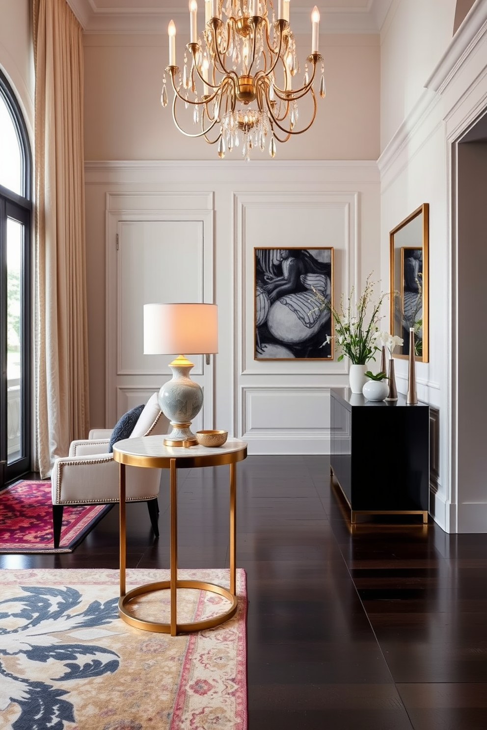 An elegant side table features a sleek design with a polished marble top and slender gold legs. It is adorned with a stylish lamp and a small decorative bowl, adding a touch of sophistication to the living room. Luxury foyer design ideas include a grand entrance with a statement chandelier hanging from a high ceiling. The space is enhanced by a beautifully patterned area rug and a console table displaying curated decor pieces.