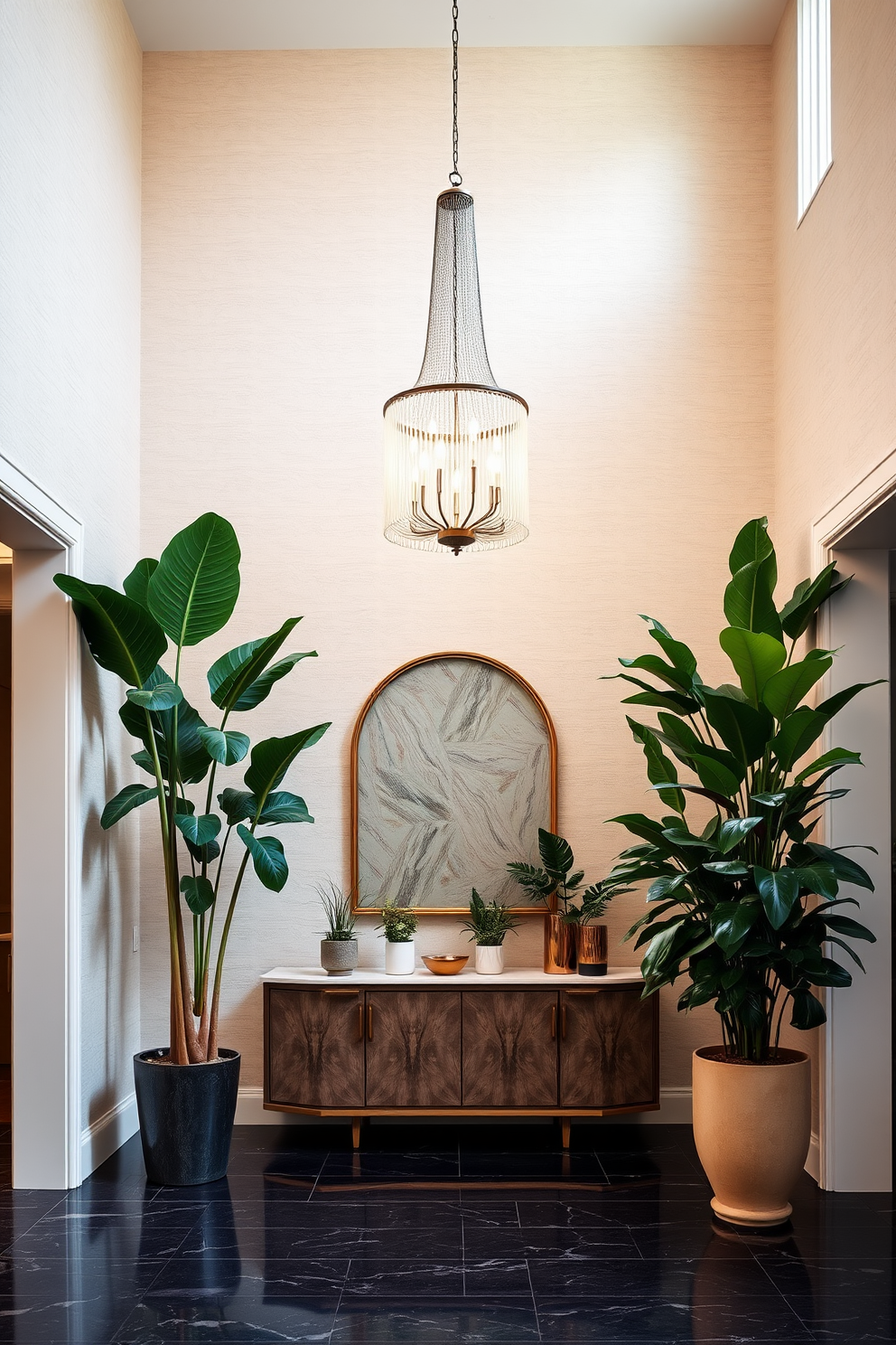 A luxurious foyer with high ceilings and an elegant chandelier hanging in the center. The walls are adorned with textured wallpaper in soft neutral tones, and a statement console table is placed against one wall. Indoor plants are strategically positioned throughout the space, adding a fresh and vibrant atmosphere. A large potted fiddle leaf fig stands in one corner, while smaller plants in decorative pots are arranged on the console table.