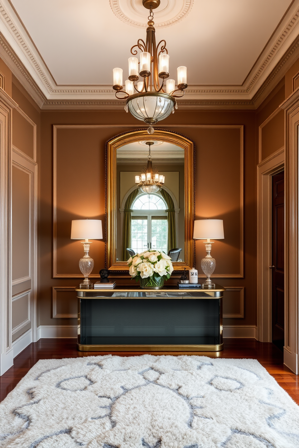 A grand foyer welcomes guests with a vintage mirror that reflects elegant light fixtures above. The walls are adorned with intricate moldings, and a plush area rug anchors the space, enhancing the classic appeal. Rich wooden flooring complements the luxurious atmosphere, while a stylish console table displays curated decor items. Fresh flowers in a decorative vase add a touch of color and warmth to this sophisticated entryway.