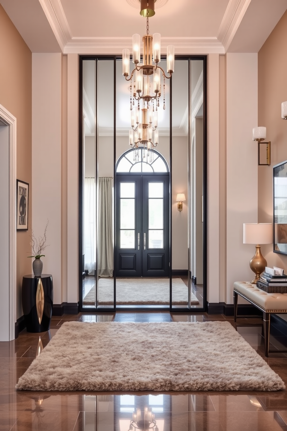 A luxury foyer featuring an oversized mirror that reflects natural light and creates an illusion of depth. The space is adorned with elegant lighting fixtures and a plush area rug that adds warmth and sophistication.