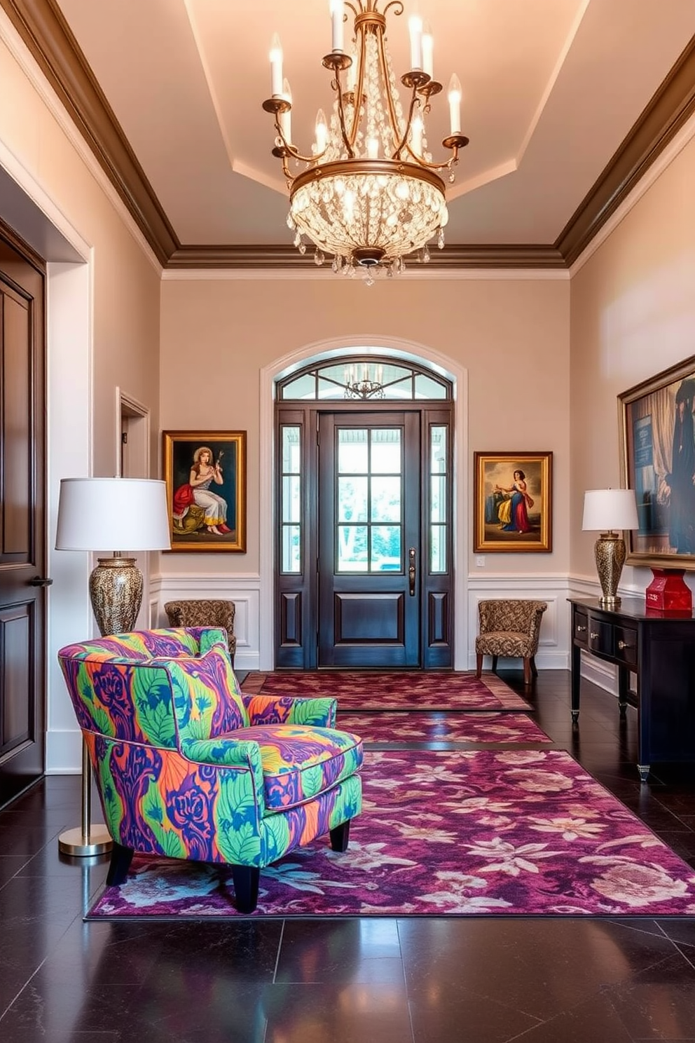 A vibrant accent chair upholstered in a bold fabric adds a striking pop of color to the luxury foyer. The foyer features a grand chandelier overhead, illuminating the space with warm light and highlighting elegant artwork on the walls.