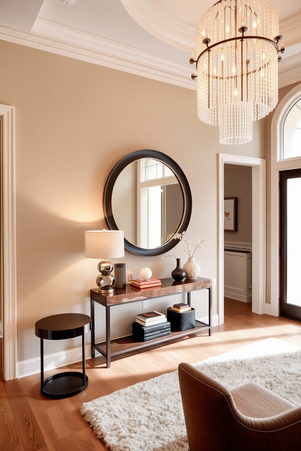 A stylish console table is positioned against the wall, adorned with an elegant table lamp and a collection of curated decorative objects. The table is complemented by a large round mirror above it, reflecting the warm light that fills the space. The foyer features a luxurious design with rich textures and a sophisticated color palette. A plush area rug anchors the space, while a statement chandelier hangs from the ceiling, creating an inviting atmosphere.