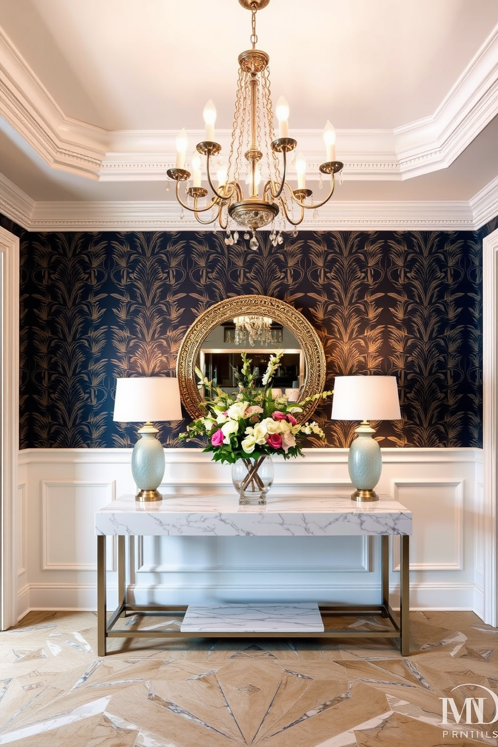 A luxury foyer features bold wallpaper that creates a striking statement wall. The space is adorned with an elegant chandelier that casts a warm glow over a marble console table decorated with fresh flowers.