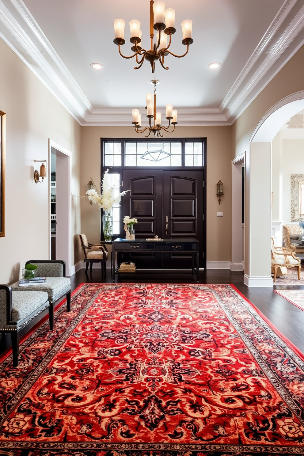 A grand staircase with an ornate wooden railing spirals elegantly upwards, showcasing intricate carvings and a polished finish. The steps are covered in a rich, deep carpet that complements the surrounding decor, while a stunning chandelier hangs from the ceiling, casting a warm glow. The luxury foyer features high ceilings adorned with decorative molding, creating an inviting atmosphere. A statement console table sits against one wall, topped with a large mirror and fresh floral arrangements, enhancing the opulence of the space.