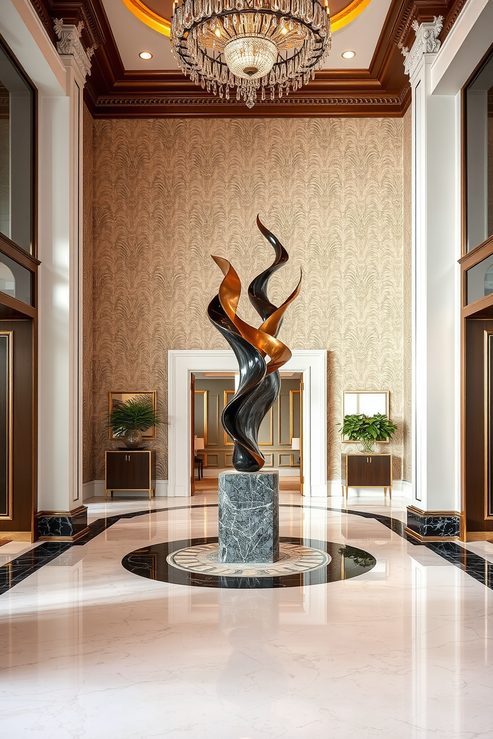 A stunning foyer featuring a sculptural art piece as the centerpiece. The walls are adorned with elegant wallpaper, and the floor is made of polished marble tiles.