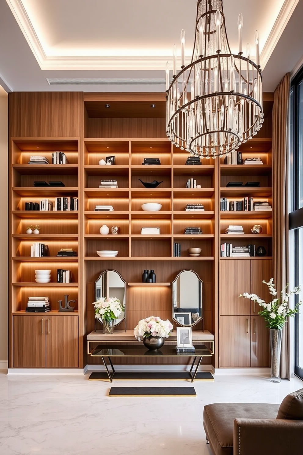 Custom built-in shelving for storage features sleek wooden shelves that blend seamlessly with the wall. The shelves are adorned with carefully curated decor items and books, creating an organized yet stylish display. Luxury foyer design ideas include a grand entrance with a high ceiling and an elegant chandelier. The space is enhanced by a marble floor and a statement console table, accompanied by decorative mirrors and fresh floral arrangements.