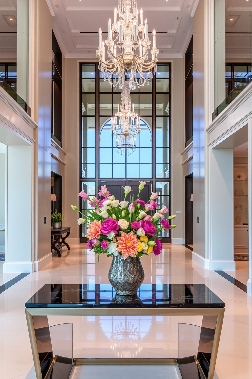 A luxury foyer featuring a grand entrance with high ceilings and elegant chandeliers. Fresh flowers in a decorative vase are placed on a sleek console table, adding a vibrant touch to the sophisticated space.