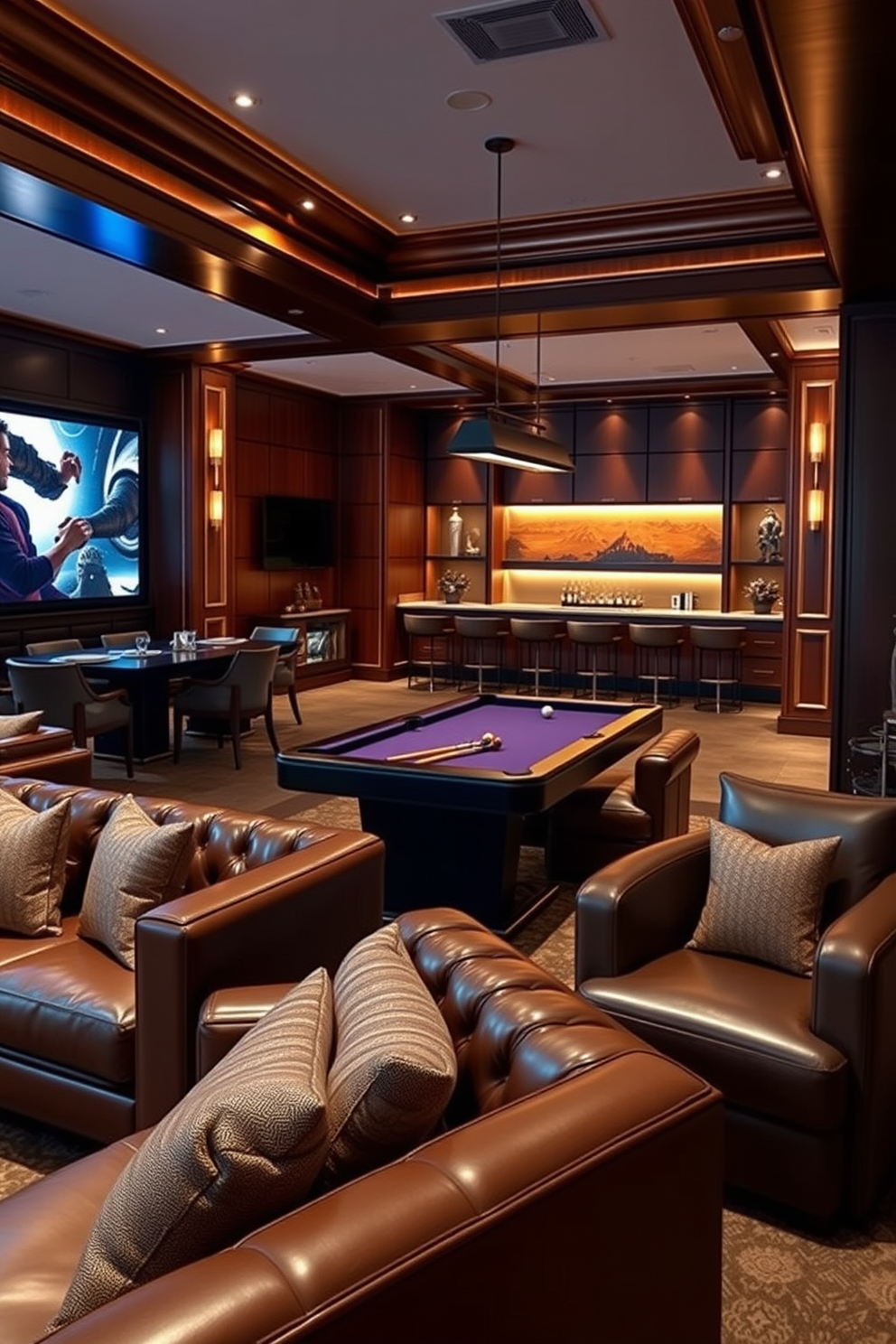 Elegant leather seating arrangements for comfort. The room features plush leather sofas in rich brown tones, complemented by oversized armchairs with soft cushions. Luxury Game Room Design Ideas. The space includes a sleek billiards table, surrounded by stylish bar stools, and a state-of-the-art entertainment system for an immersive gaming experience.