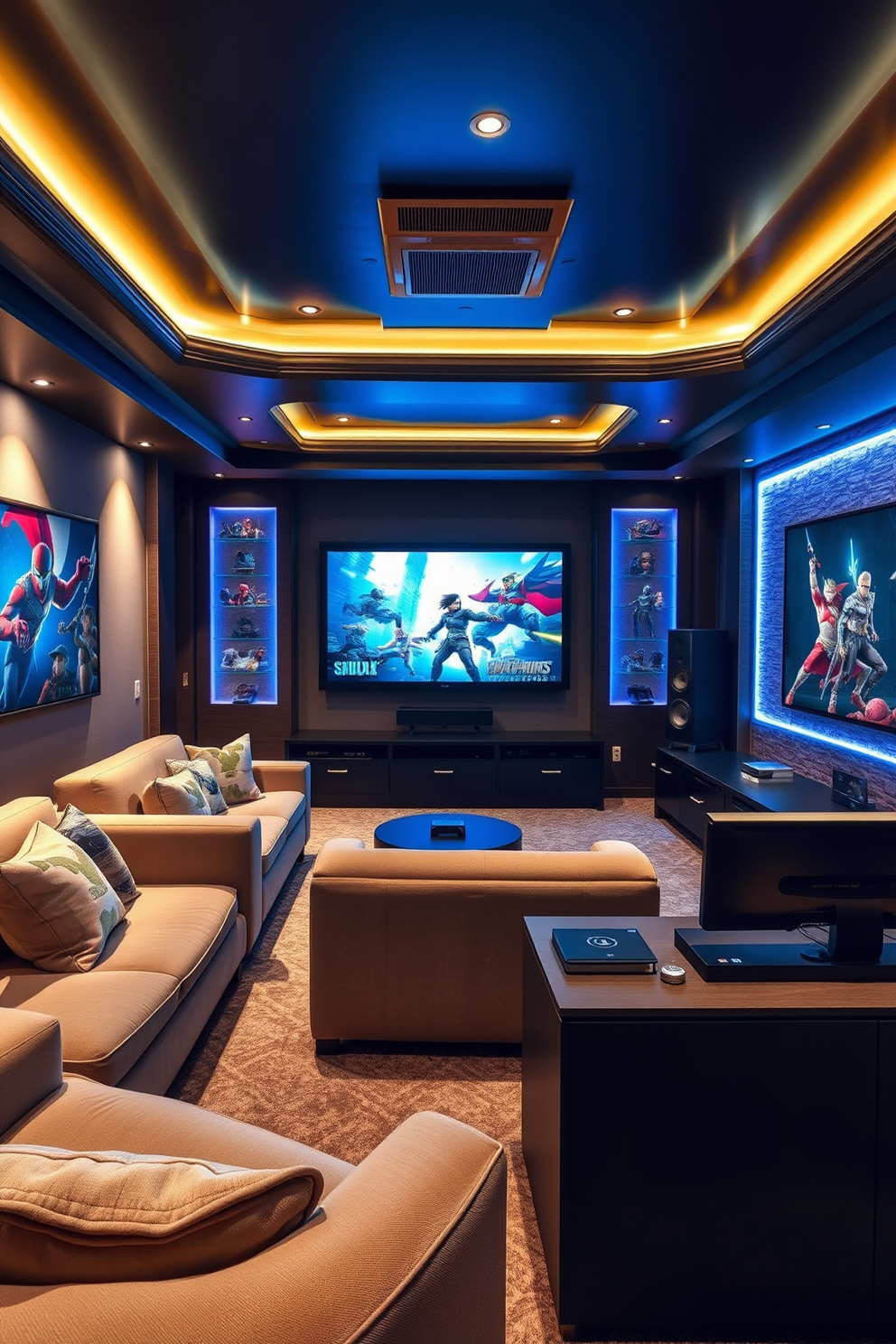 A spacious luxury game room featuring a large wall-mounted flat screen display as the focal point. Plush seating arrangements are positioned around a sleek coffee table, with ambient lighting creating a cozy atmosphere.