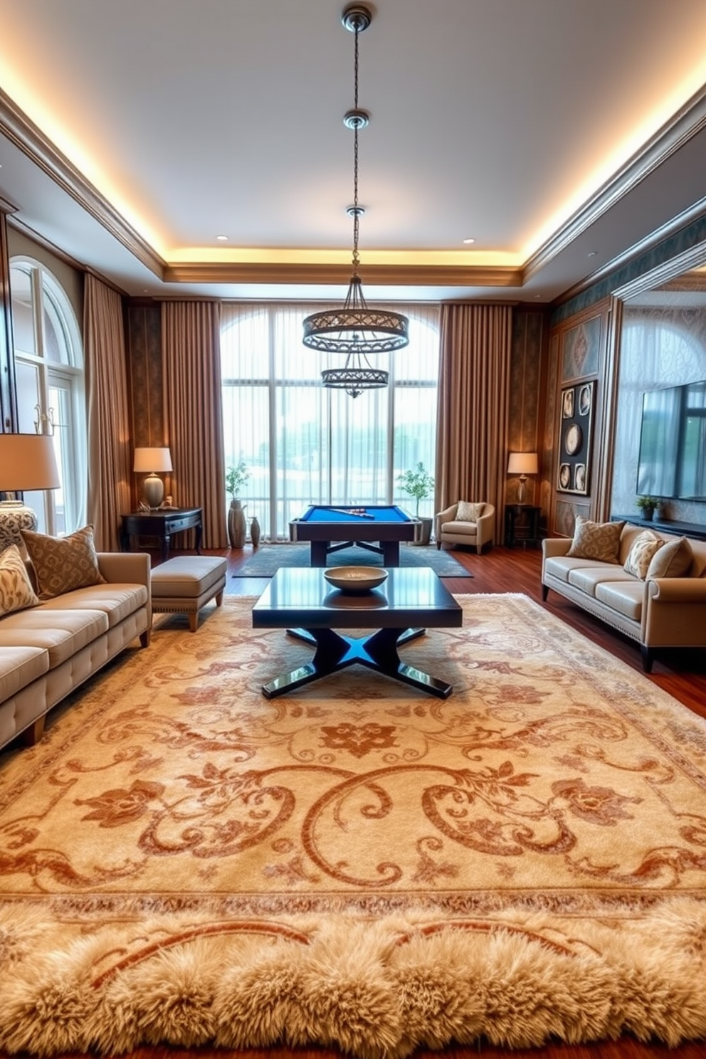 A luxurious living space featuring a plush area rug that adds warmth and texture to the room. The rug is adorned with intricate patterns that complement the elegant furniture and enhance the cozy atmosphere. An inviting game room designed for entertainment and relaxation. The room includes a stylish pool table, comfortable seating, and a large rug that ties the space together while providing a soft landing for guests.