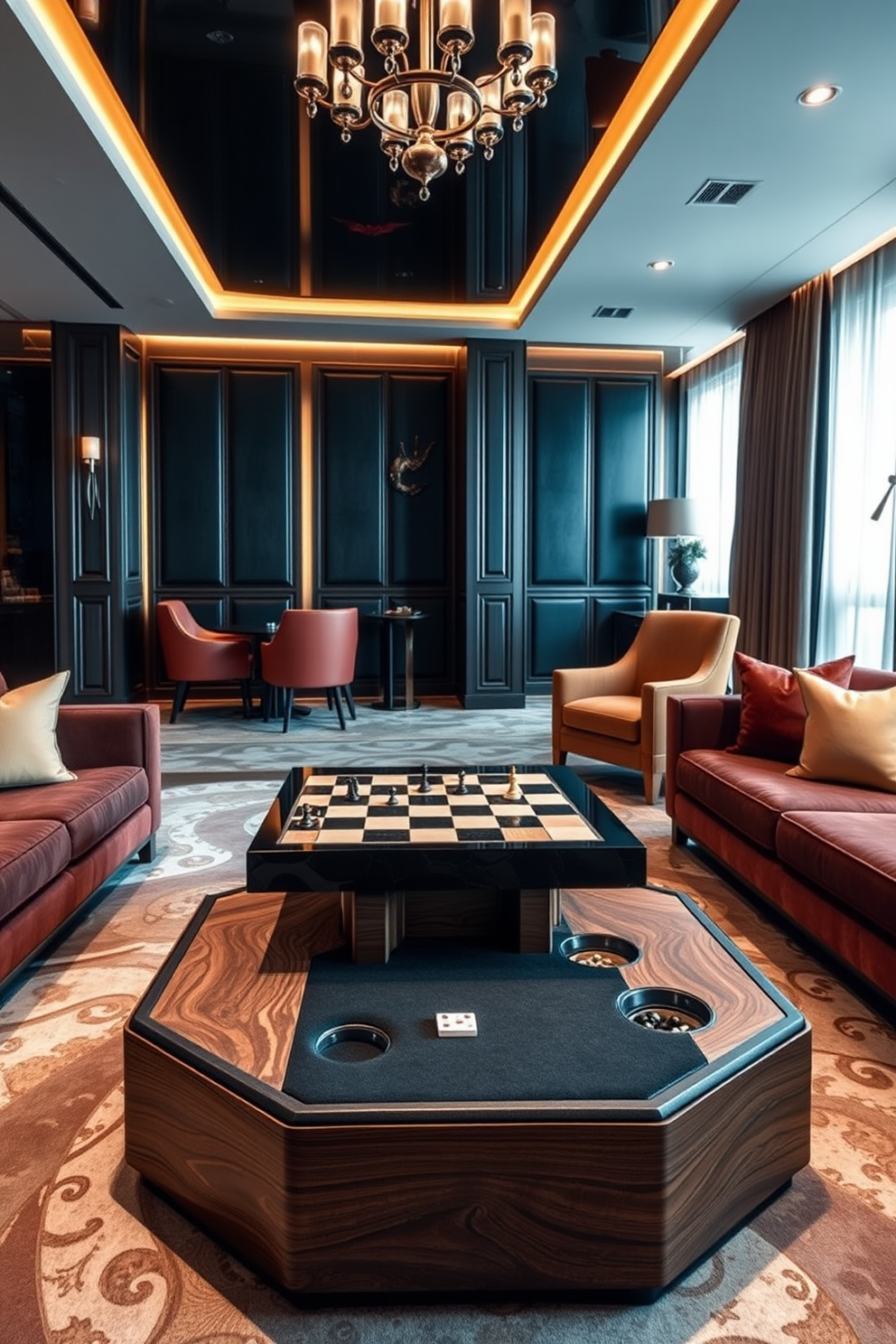 A unique coffee table designed with a chessboard theme sits at the center of a luxurious game room. The table features a sleek glass top and wooden base, surrounded by plush seating in rich colors. In one corner, a striking coffee table inspired by poker games showcases a felt surface and built-in card holders. The game room is adorned with elegant lighting and high-end finishes, creating an inviting atmosphere for entertainment.