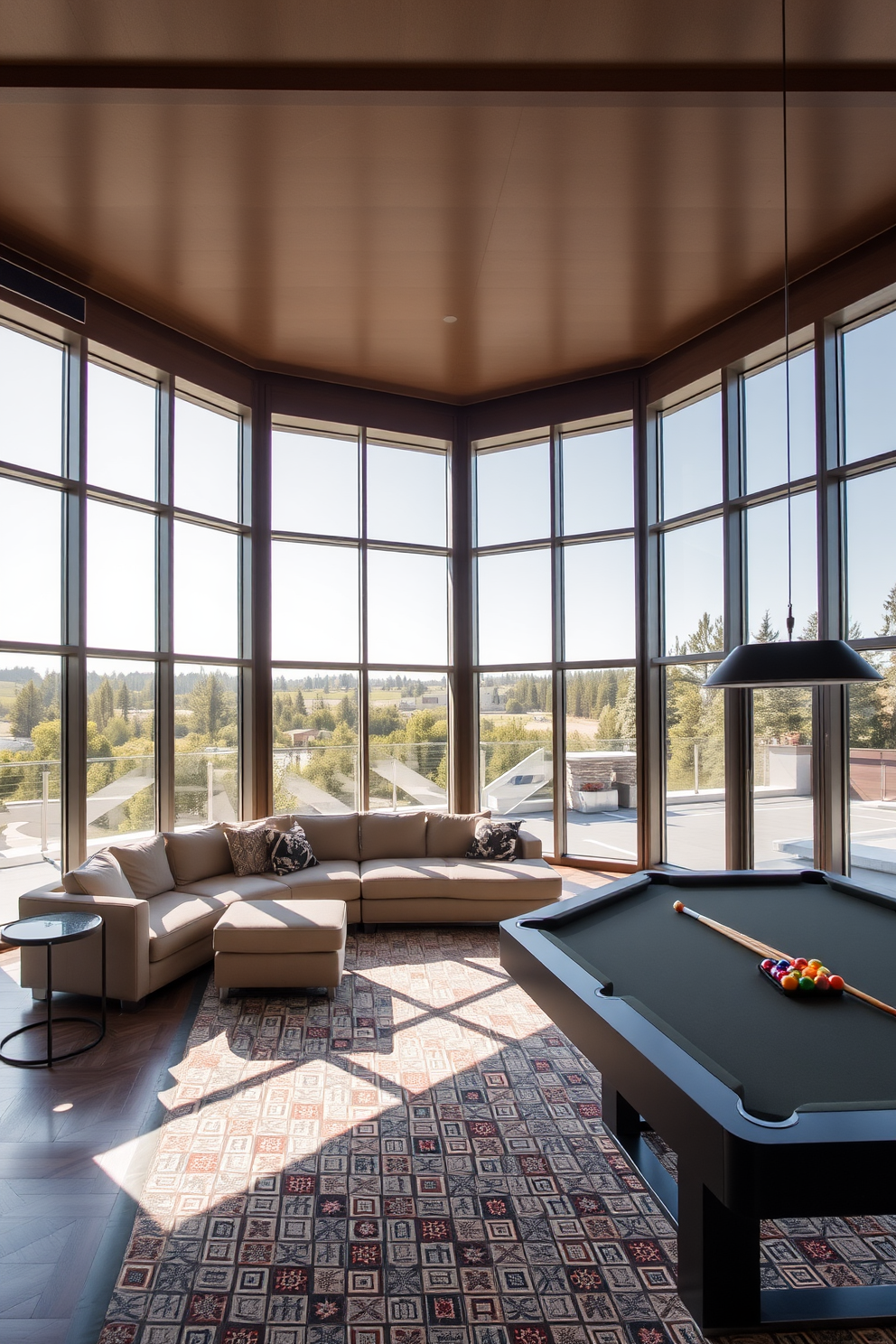 A luxury game room featuring floor-to-ceiling windows that flood the space with natural light. The room includes a plush sectional sofa and a sleek billiards table, creating an inviting atmosphere for entertainment.