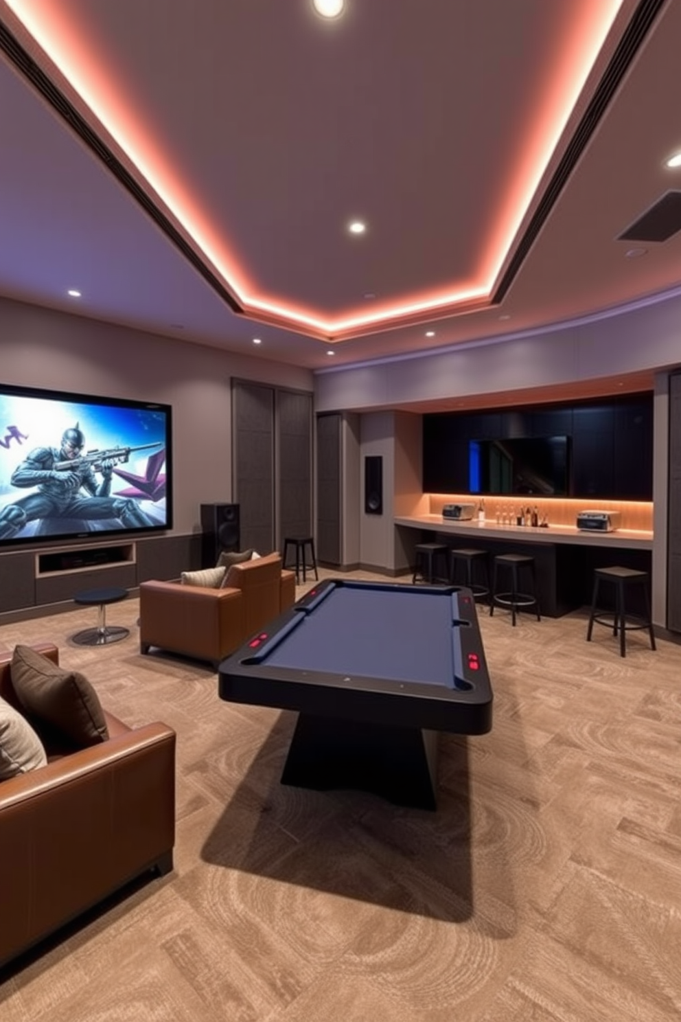 A luxury game room featuring high-quality sound systems for an immersive audio experience. The room is designed with plush seating, a large screen for gaming, and soundproof walls to enhance the acoustics. Incorporate a stylish bar area with modern stools and ambient lighting. The decor includes artwork that reflects gaming culture and a sleek pool table as a centerpiece.