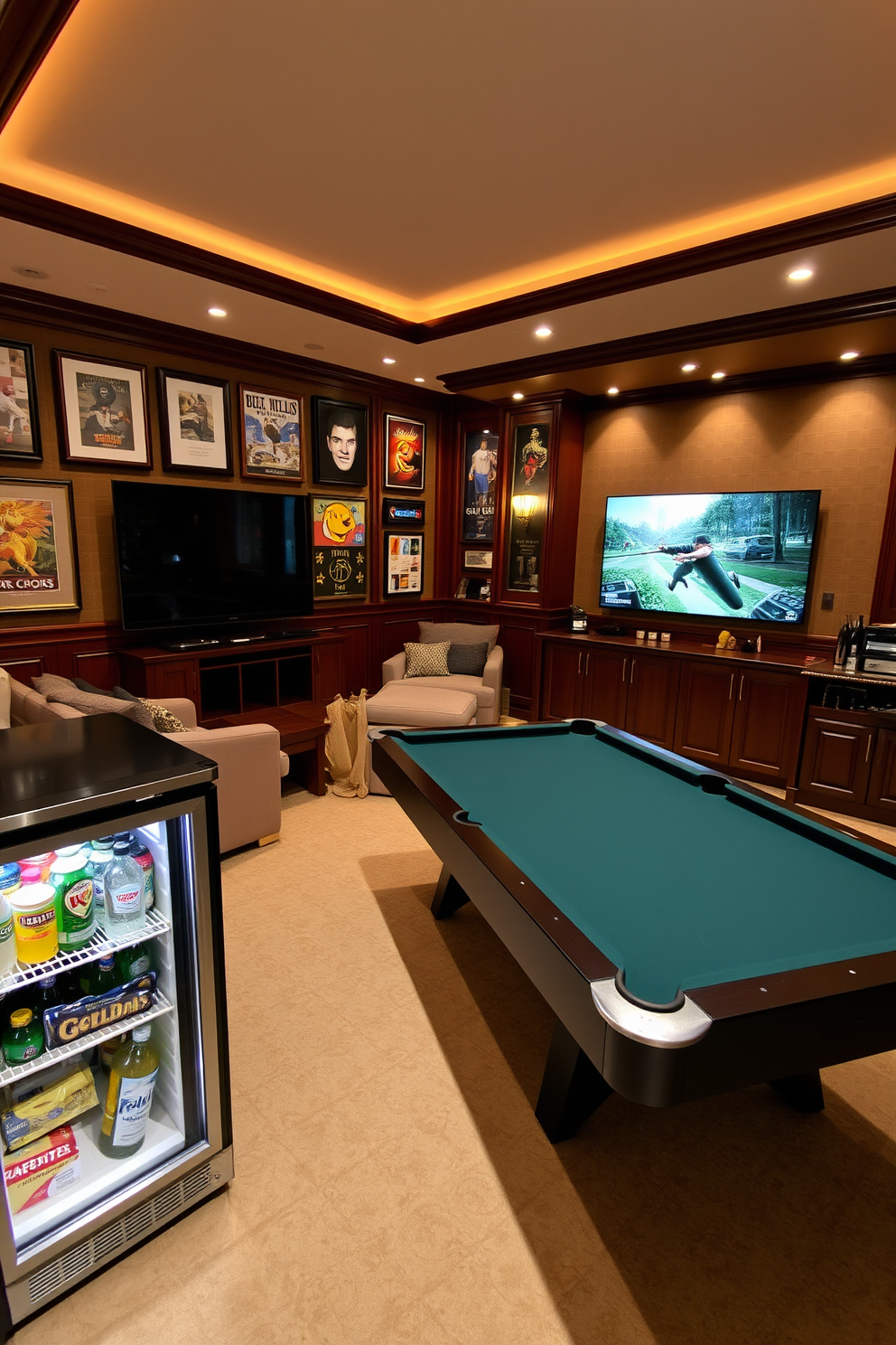 A mini fridge stocked with an array of beverages and snacks sits in the corner of a luxurious game room. The room features plush seating, a large flat-screen TV, and a sleek pool table, all surrounded by ambient lighting that creates a welcoming atmosphere. The walls are adorned with framed artwork and memorabilia from classic games, adding a personal touch to the space. Rich wood accents and a stylish bar area complete the design, making it the perfect retreat for entertaining guests.