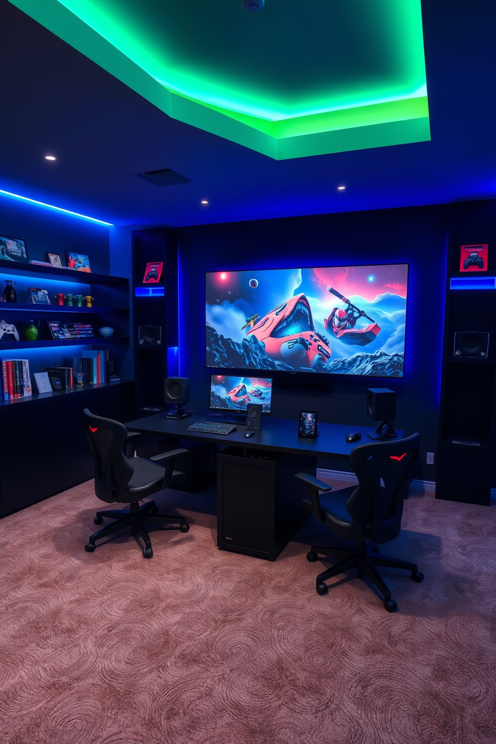 A luxurious game room featuring custom-built arcade game cabinets designed with high-quality wood and vibrant LED lighting. The space includes plush seating arrangements, a large flat-screen TV mounted on the wall, and a stylish bar area stocked with premium beverages.