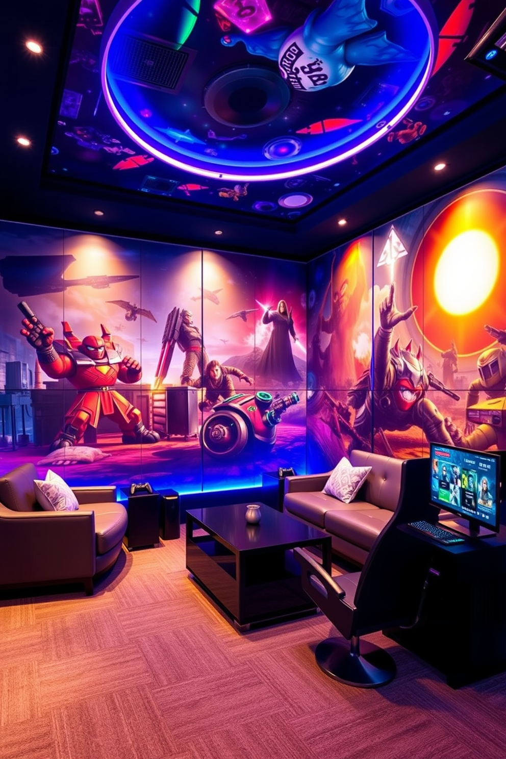 A luxury game room featuring immersive game-themed wallpaper that creates a vibrant atmosphere. The space includes plush seating arrangements, a sleek gaming console setup, and ambient lighting that enhances the overall experience.