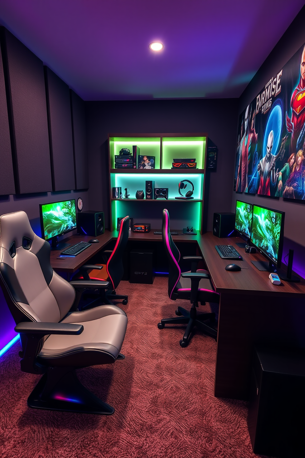 A personalized gaming station for each player featuring sleek gaming desks with RGB lighting and ergonomic chairs. The room is designed with soundproofing panels and a large wall-mounted screen for immersive gaming experiences. Incorporate custom shelving to display gaming consoles and collectibles, along with mood lighting that can be adjusted for different gaming atmospheres. The flooring is a plush carpet to enhance comfort during long gaming sessions, and the walls are adorned with vibrant artwork from popular games.