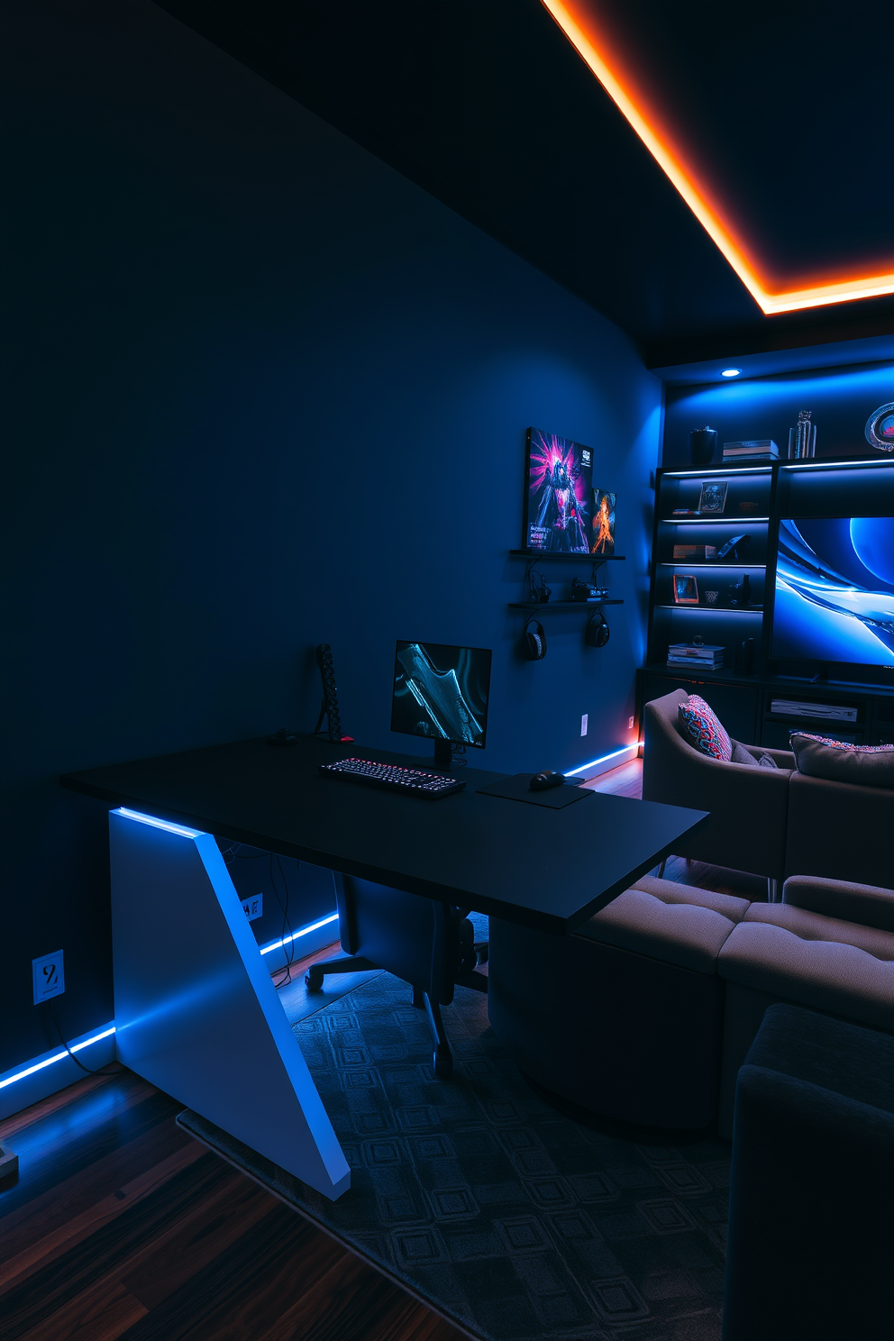 A sleek gaming desk is positioned against the wall, featuring built-in cable management for a clean and organized look. The desk is paired with an ergonomic gaming chair, and ambient LED lighting highlights the modern aesthetic of the room. The game room is designed with plush seating and a large screen for an immersive gaming experience. Dark walls create a cozy atmosphere, while stylish shelves display collectible gaming memorabilia and accessories.