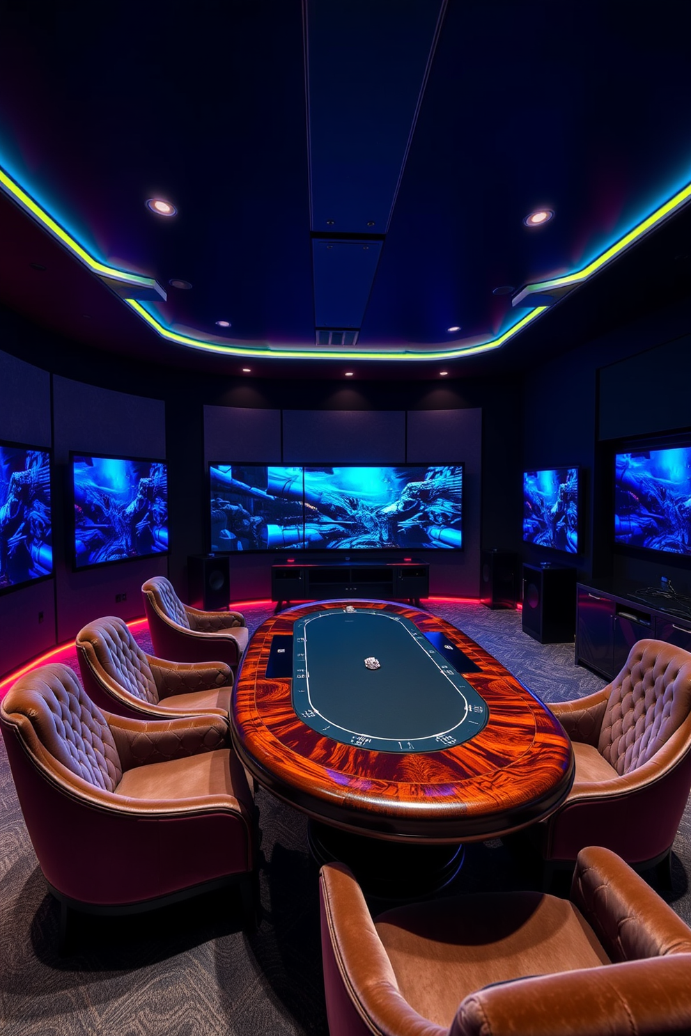 A luxury game room features a sleek black pool table centered in the space surrounded by plush leather seating. The walls are adorned with framed artwork and the lighting is soft and ambient, creating a cozy atmosphere. In one corner, a high-quality sound system is integrated seamlessly into the design, providing an immersive audio experience for gaming and entertainment. Rich wood accents and a stylish bar area enhance the overall elegance of the room.