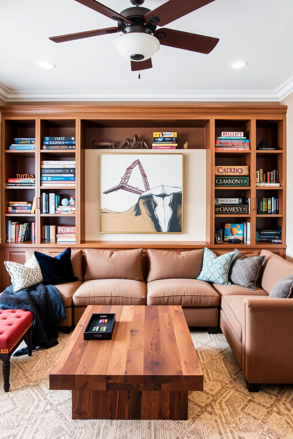 A stylish game room featuring custom-built shelving units designed to store board games elegantly. The space includes a plush sectional sofa and a coffee table made of reclaimed wood, creating a cozy atmosphere for game nights.