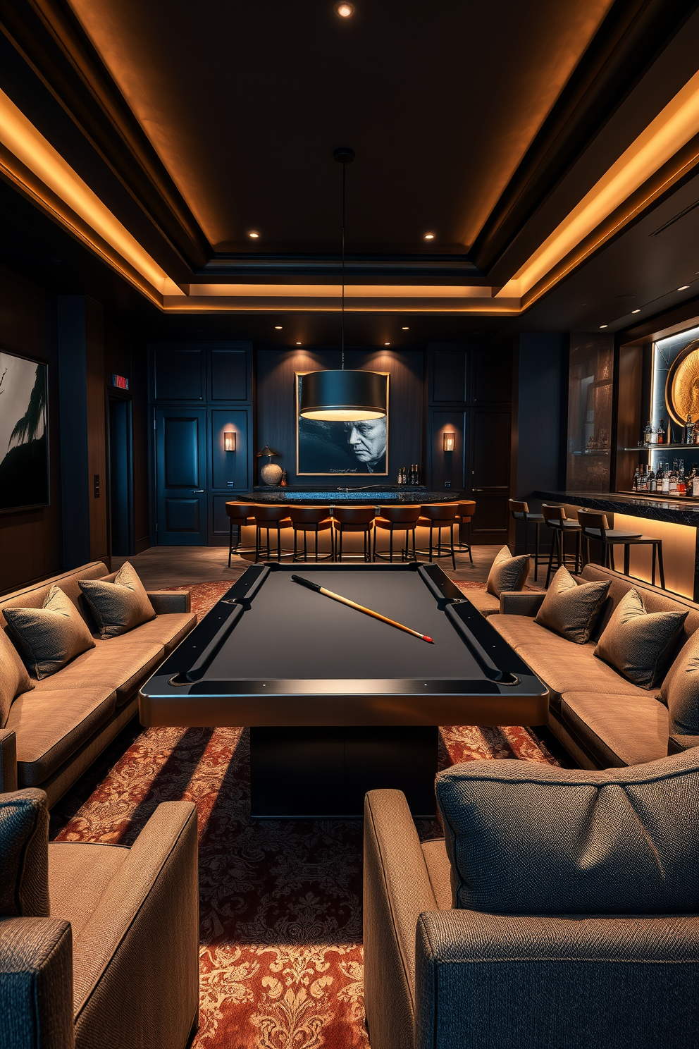 A luxurious game room featuring a sleek pool table at the center surrounded by plush seating in rich fabrics. Integrated charging stations are seamlessly designed into the furniture, providing convenience without compromising style. The walls are adorned with custom artwork and ambient lighting that creates a warm and inviting atmosphere. A stylish bar area complements the space, complete with high-top stools and a selection of premium spirits.