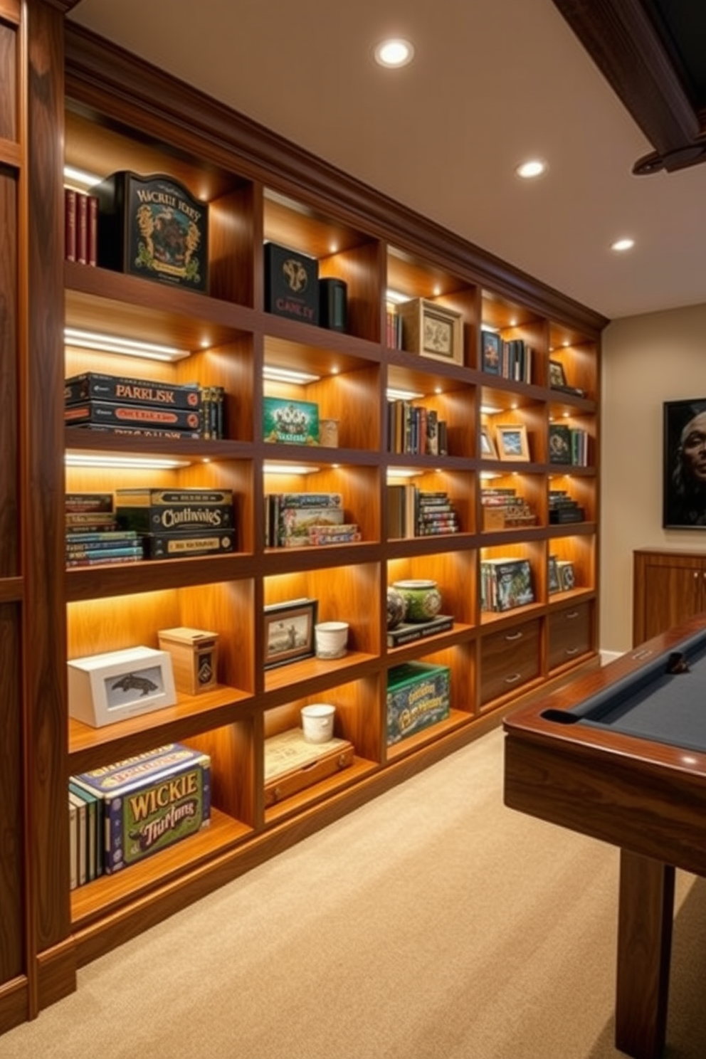 A luxury game room featuring custom built-in shelves designed for optimal game storage. The shelves are crafted from rich walnut wood, showcasing an array of board games and collectibles, with ambient lighting highlighting the display.