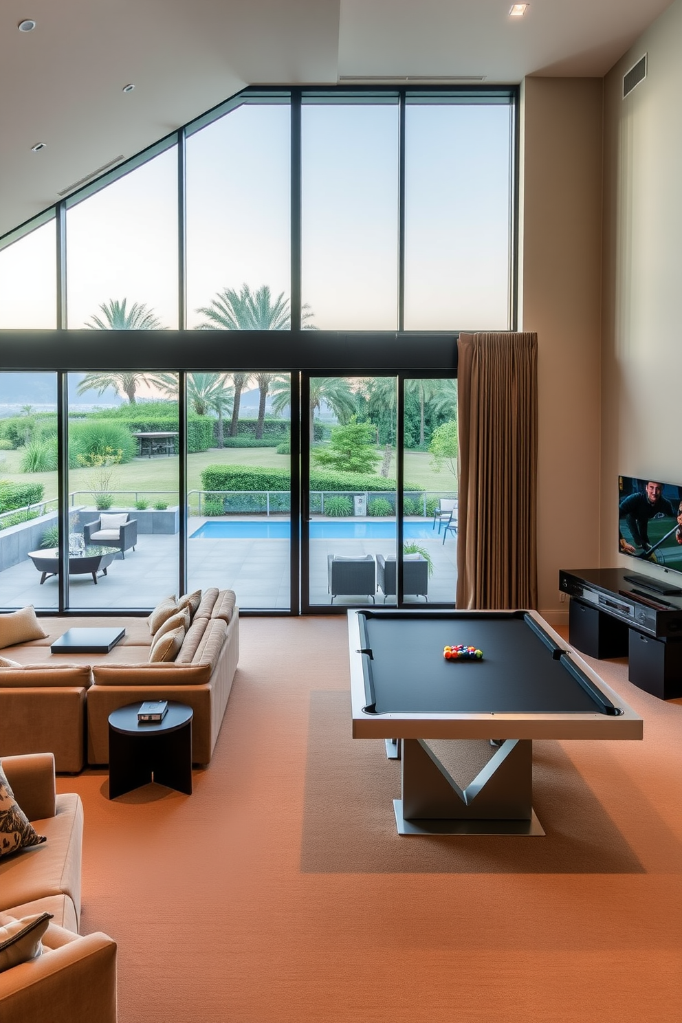 A luxury game room featuring large windows that open to a spacious outdoor terrace. The room is designed with plush seating, a sleek pool table, and state-of-the-art gaming consoles, creating an inviting atmosphere for entertainment.