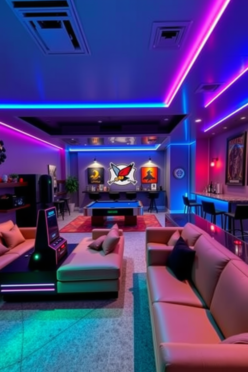 A luxury game room designed for relaxation and entertainment. The space features plush seating arrangements with rich fabrics and a large screen for gaming and movies. Ambient LED lighting is strategically placed to create a warm and inviting atmosphere. The walls are adorned with artwork that reflects a modern aesthetic, enhancing the overall vibe of the room.