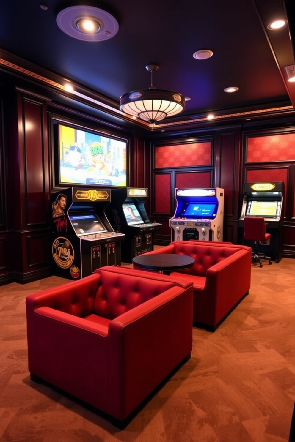 A stylish bar area featuring sleek high stools arranged around a polished wooden counter. The backdrop showcases an elegant wine rack and ambient lighting that creates a warm and inviting atmosphere. A luxury game room designed for entertainment and relaxation. The space includes a plush sectional sofa, a large flat-screen TV, and a billiards table, all complemented by modern decor and vibrant artwork.