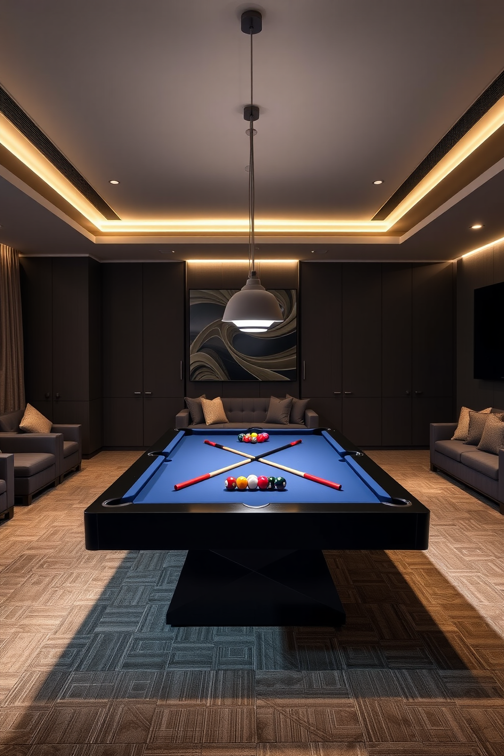 A luxurious game room features an arrangement of classic leather lounge chairs positioned around a sleek wooden coffee table. The walls are adorned with rich dark wood paneling, and the ambient lighting creates an inviting atmosphere for relaxation and entertainment.