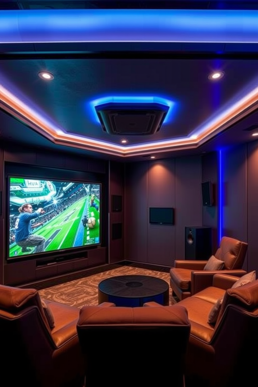 A luxury game room featuring a wall-mounted large screen designed for immersive gaming experiences. The room is equipped with plush seating, ambient lighting, and high-quality sound systems to enhance the gaming atmosphere.