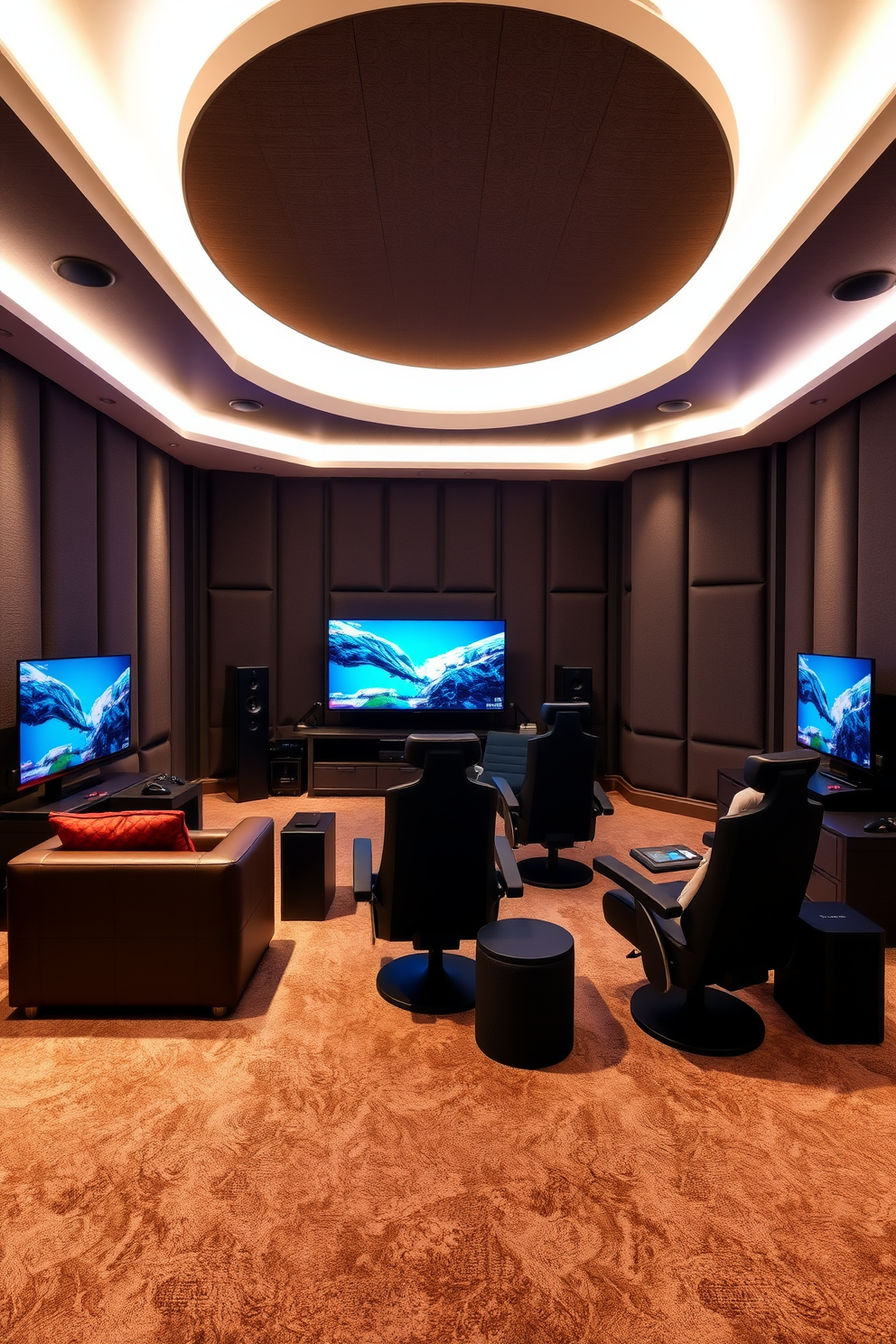 A luxury game room features soundproof walls that create an immersive experience for players. The space is designed with plush seating, a large screen for gaming, and ambient lighting to enhance the atmosphere.