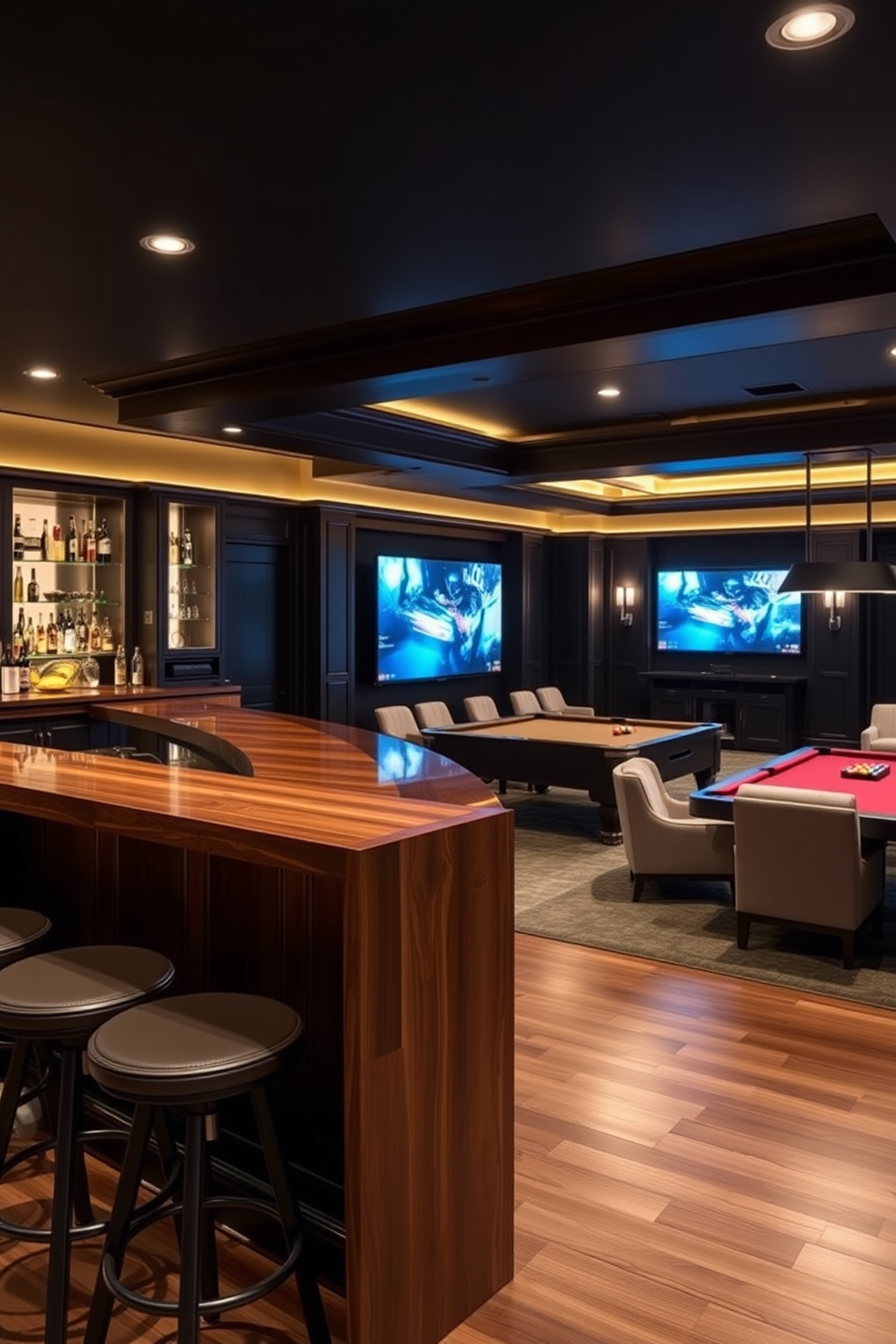 A stylish bar area featuring a sleek wooden countertop with high stools arranged around it. Behind the bar, an elegant display of various spirits is illuminated by soft ambient lighting. A luxury game room designed for entertainment and relaxation with plush seating and a large screen for gaming. The room includes a billiards table and a stylish wet bar for refreshments.