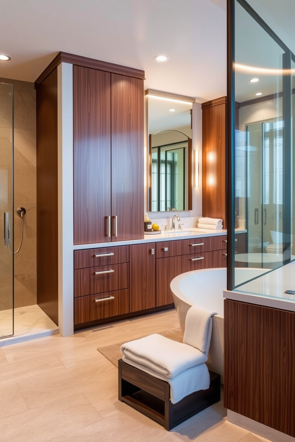 A luxurious guest bathroom featuring intricate mosaic tile flooring that showcases a blend of vibrant colors and geometric patterns. The walls are adorned with elegant wallpaper that complements the flooring, creating a harmonious and inviting atmosphere. The space includes a freestanding soaking tub positioned near a large window, allowing natural light to fill the room. A stylish double vanity with polished fixtures and ample storage enhances the functionality and aesthetic appeal of the bathroom.